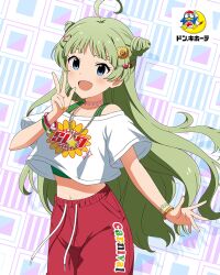Rule 34 | 1girl, ahoge, blue eyes, bracelet, card (medium), don quijote (store), green hair, hair ornament, hairclip, idolmaster, idolmaster million live!, idolmaster million live! theater days, jewelry, midriff, nail polish, navel, necklace, official art, open mouth, shimabara elena, shirt, solo, star (symbol), t-shirt, w