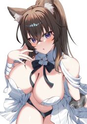 1girl absurdres awakened_yoo_mina_(counter:side) bare_shoulders black_bow blush bow breasts brown_hair chest_bow chestnut_mouth cleavage commentary counter:side crossed_bangs cuffs dress hair_between_eyes hand_on_own_chest head_tilt highres jinggun kemonomimi_mode large_breasts long_hair looking_at_viewer official_alternate_costume open_clothes open_dress ponytail purple_eyes revealing_clothes simple_background solo white_background white_dress yoo_mina