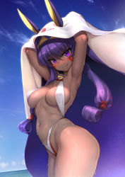 Rule 34 | &gt;:), 1girl, animal ears, arched back, armpits, arms up, blue sky, breasts, closed mouth, cowboy shot, dark-skinned female, dark skin, day, eyeliner, facial mark, fate/grand order, fate (series), from side, hairband, highres, hood, hoodie, jackal ears, large breasts, long hair, looking at viewer, makeup, navel, nitocris (fate), nitocris (fate/grand order), nitocris (swimsuit assassin) (fate), one-piece swimsuit, purple eyes, purple hair, sidelocks, sky, slingshot swimsuit, smile, solo, swimsuit, try (lsc), v-shaped eyebrows, very long hair, white one-piece swimsuit