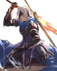 Rule 34 | 1boy, absurdres, alphen (tales), arm up, armor, black gloves, blue cape, blue eyes, breastplate, cape, faulds, framed, fune (fune93ojj), gloves, highres, holding, holding sword, holding weapon, kneeling, looking at viewer, male focus, parted lips, short hair, shoulder armor, solo, sword, tales of (series), tales of arise, weapon, white background, white hair