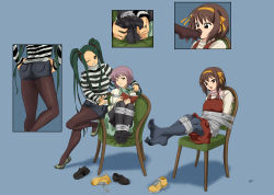 Rule 34 | 3girls, absurdres, arms behind back, ass, bdsm, blush, bondage, book, bound, bound ankles, bound legs, bound wrists, breast bondage, breathplay, brown hair, chair, covering own mouth, foot focus, foot on another&#039;s face, green hair, grey hair, hair between eyes, hair ribbon, hairband, highres, legs, long hair, lost one zero, medium hair, multiple girls, nagato yuki, nail polish, one eye closed, open mouth, ribbon, shirt, shoes, short hair, short shorts, shorts, skirt, smile, socks, striped clothes, striped shirt, suzumiya haruhi, suzumiya haruhi no yuuutsu, sweatdrop, tape, tape bondage, teeth, tickling, tsuruya, turtleneck, twintails, unworn shoes, upper teeth only, wink