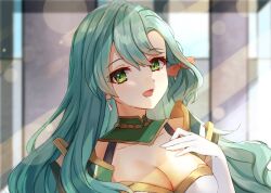 Rule 34 | 1girl, aqua hair, armor, breasts, chloe (fire emblem), cleavage, commentary, edamameoka, fire emblem, fire emblem engage, gloves, highres, large breasts, nintendo, shoulder armor, solo, upper body, white gloves