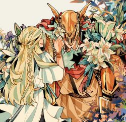 Rule 34 | 1girl, armor, blonde hair, braid, brother and sister, cape, closed mouth, covered eyes, drenched-in-sunlight, dress, elden ring, flower, helmet, holding, long hair, malenia blade of miquella, mechanical arms, miquella (elden ring), open mouth, prosthesis, prosthetic arm, red cape, red hair, siblings, single mechanical arm, smile, trap, twins, very long hair, winged helmet