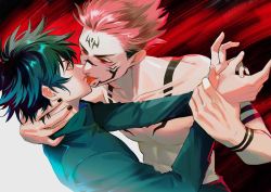 Rule 34 | 2boys, abs, arm tattoo, black hair, black jacket, black nails, blood, chest tattoo, eye contact, facial tattoo, fushiguro megumi, genii, green eyes, hair between eyes, hand on another&#039;s neck, high collar, holding another&#039;s wrist, imminent kiss, jacket, jujutsu kaisen, licking lips, looking at another, male focus, multiple boys, muscular, muscular male, nail polish, parted lips, pectorals, pink hair, red eyes, ryoumen sukuna (jujutsu kaisen), school uniform, short hair, sideburns, spiked hair, surprised, tattoo, tongue, tongue out, topless male, undercut, yaoi