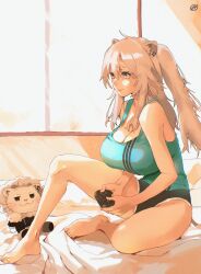 Rule 34 | 1girl, absurdres, animal ears, barefoot, bed sheet, black shorts, blue tank top, bondtanuki, breasts, cleavage, controller, game controller, grey eyes, grey hair, gym shorts, hair between eyes, highres, holding, holding controller, holding game controller, hololive, large breasts, lion ears, lion girl, lion tail, looking ahead, on bed, shishiro botan, shorts, sitting, smile, solo, stuffed animal, stuffed lion, stuffed toy, tail, tank top, two side up, virtual youtuber, window