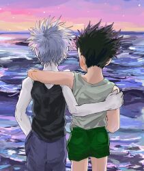 Rule 34 | 186x6, 2boys, bare shoulders, black hair, child, from behind, gon freecss, green shorts, hand on another&#039;s shoulder, highres, hunter x hunter, killua zoldyck, looking afar, male focus, multiple boys, ocean, outdoors, shirt, short hair, shorts, sleeveless, spiked hair, white hair, white shirt