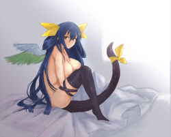 Rule 34 | 1girl, asymmetrical wings, bed, blue hair, blush, breasts, brown eyes, dizzy (guilty gear), female focus, gradient background, guilty gear, guilty gear x, guilty gear xx, hair ribbon, large breasts, long hair, looking at viewer, nana73, nipples, nude, ribbon, sitting, smile, solo, tail, tail ornament, tail ribbon, thighhighs, very long hair, wings