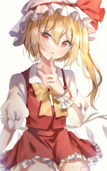 Rule 34 | 1girl, :/, alternate neckwear, blonde hair, bow, bowtie, brooch, crystal, finger to own chin, flandre scarlet, hair between eyes, hat, highres, jewelry, looking to the side, mob cap, one side up, parted lips, red eyes, shiromoru (yozakura rety), short hair with long locks, simple background, solo, touhou, white background, white hat, wings, yellow bow, yellow bowtie