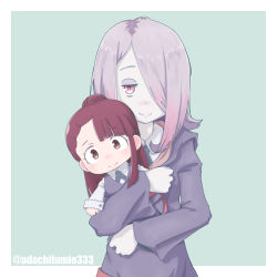 Rule 34 | 10s, adachi fumio, blush, character doll, hugging doll, green background, hair over one eye, kagari atsuko, little witch academia, long hair, looking at viewer, hugging object, silver hair, simple background, smile, solo, sucy manbavaran, twitter username, upper body