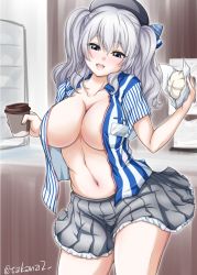 Rule 34 | 1girl, areola slip, badge, baozi, beret, black hat, blue bow, blue eyes, blue shirt, blush, bow, breasts, coffee cup, commentary request, cowboy shot, cup, disposable cup, employee uniform, food, frilled skirt, frills, grey skirt, half-closed eyes, hat, hat bow, head tilt, holding, holding cup, holding food, indoors, kantai collection, kashima (kancolle), large breasts, lawson, looking at viewer, medium hair, miniskirt, navel, no bra, open clothes, open mouth, open shirt, partial commentary, pleated skirt, shirt, short sleeves, sidelocks, silver hair, skirt, smile, solo, standing, striped clothes, striped shirt, twintails, twitter username, uniform, vertical-striped clothes, vertical-striped shirt, yts takana