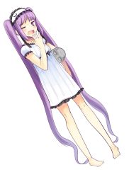 Rule 34 | 1girl, absurdly long hair, bad id, bad pixiv id, bare legs, barefoot, blush, boa (brianoa), covering own mouth, dress, dutch angle, euryale (fate), fate/grand order, fate/stay night, fate (series), frilled hairband, frills, full body, hairband, hand over own mouth, highres, holding, holding mask, long hair, looking at viewer, mask, open mouth, pajamas, purple eyes, purple hair, short sleeves, solo, standing, stheno (fate), tears, transparent background, unworn mask, very long hair, wavy mouth, white dress, yawning