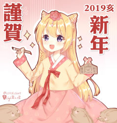 Rule 34 | 1girl, 2019, :d, animal, blonde hair, blush, blush stickers, boar, braid, calligraphy brush, chinese zodiac, commentary request, ema, floral print, gradient background, hair between eyes, hairband, hanbok, happy new year, highres, holding, holding paintbrush, korean clothes, light (luxiao deng), long hair, new year, open mouth, original, paintbrush, pink background, pink hairband, pink skirt, print skirt, purple eyes, revision, rose print, side braid, single braid, skirt, smile, solo, very long hair, white background, year of the pig