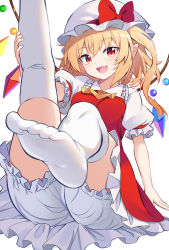 Rule 34 | 1girl, :d, ascot, ass, blonde hair, bloomers, blush, bow, breasts, commentary request, crystal, e.o., fang, feet, flandre scarlet, foot focus, foot out of frame, hat, hat bow, highres, leg up, looking at viewer, medium breasts, mob cap, one side up, open mouth, petticoat, pointy ears, puffy short sleeves, puffy sleeves, red bow, red eyes, red skirt, red vest, short hair, short sleeves, simple background, sitting, skin fang, skirt, smile, solo, thighhighs, touhou, underwear, upskirt, vest, white background, white hat, white thighhighs, wings, yellow ascot