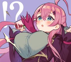 Rule 34 | !?, 1girl, :o, ahoge, blue eyes, blush, breasts, commentary request, cup, disposable cup, flower knight girl, flying button, hair between eyes, hakarame (flower knight girl), large breasts, long hair, long sleeves, pico (p i c o), pink hair, popped button, purple background, simple background, solo, starbucks, upper body
