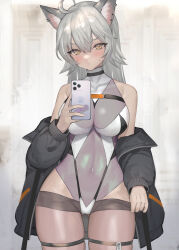 Rule 34 | 1girl, :/, ahoge, animal ear fluff, animal ears, bare shoulders, black jacket, blush, breasts, brown eyes, cellphone, cleavage, closed mouth, clothes pull, commentary, covered navel, cowboy shot, ear piercing, gluteal fold, grey hair, hair between eyes, hand up, highres, hitowa, holding, holding phone, jacket, large breasts, leotard, long hair, long sleeves, looking at viewer, off shoulder, open clothes, open jacket, original, pantyhose, pantyhose pull, pendant choker, phone, piercing, see-through, see-through cleavage, smartphone, solo, sweatdrop, thigh strap, thighs, two-tone leotard, unzipped, v-shaped eyebrows, white leotard, zipper pull tab