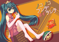 Rule 34 | 1girl, aqua eyes, aqua hair, bad id, bad pixiv id, controller, cosplay, crossover, crown, earrings, elbow gloves, famicom, game console, game controller, gloves, hatsune miku, headset, jewelry, long hair, mario, mario (series), nintendo, princess peach, princess peach (cosplay), shirousagi una, sitting, skirt, solo, thighhighs, translation request, turtle shell, twintails, very long hair, vocaloid