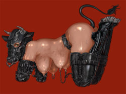 Rule 34 | 1girl, all fours, animal ears, ass, bdsm, bitchsuit, bondage, bondage mittens, bound, breasts, cow ears, cow girl, cow horns, cow tail, extra breasts, female focus, green eyes, hanging breasts, horns, human dog, large breasts, linked piercing, looking at viewer, mask, mittens, nipple chain, nipple piercing, nipples, nose piercing, nose ring, piddlefours, piercing, red background, shiny skin, simple background, solo, tail, veins, veiny breasts, what