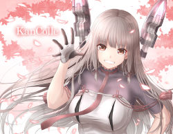 Rule 34 | 10s, 1girl, bodysuit, breasts, cherry blossoms, collarbone, dress, floral background, gloves, grin, hand on own hip, hand up, headgear, highres, hime cut, kantai collection, long hair, looking at viewer, mechanical ears, medium breasts, murakumo (kancolle), murakumo kai ni (kancolle), necktie, orange eyes, see-through, shinoe nun, silver hair, smile, solo, tassel, white dress, white gloves