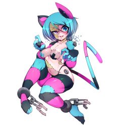 Rule 34 | 1girl, animal ears, bad id, bad twitter id, blue eyes, blue hair, breasts, collarbone, commentary, heterochromia, highres, horizontal-striped tail, lips, medium breasts, navel, open mouth, original, pink eyes, simple background, slugbox, solo, striped clothes, striped legwear, striped tail, striped thighhighs, tail, thighhighs, vomi agogo (slugbox), white background