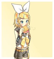 Rule 34 | 1girl, puff of air, arm warmers, bare shoulders, belt, black collar, black shorts, black sleeves, blonde hair, blue eyes, blush, bow, burger, closed mouth, collar, cowboy shot, crop top, detached sleeves, eating, food, hair bow, hair ornament, hairclip, headphones, headset, highres, holding, holding food, kagamine rin, kokuri moki, looking at object, midriff, nail polish, neckerchief, sailor collar, school uniform, shirt, short hair, short shorts, shorts, sleeveless, sleeveless shirt, solo, standing, swept bangs, vocaloid, white bow, white shirt, yellow background, yellow nails, yellow neckerchief