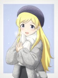 Rule 34 | 1girl, bag, blonde hair, blush, breath, coat, dot nose, emily stewart, eyelashes, grey coat, hat, highres, idolmaster, idolmaster million live!, idolmaster million live! theater days, long hair, long sleeves, looking at viewer, matcha kingyo, official alternate hairstyle, open mouth, palms together, parted bangs, purple eyes, scarf, shoulder bag, snow, solo, straight hair, tam o&#039; shanter, upper body, very long hair, white scarf