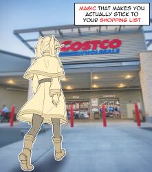 Rule 34 | 1girl, absurdres, black pantyhose, bollard, boots, border, capelet, costco, dress, elf, english text, entrance, frieren, from behind, fukaikiri, full body, hair over shoulder, highres, long hair, long sleeves, outdoors, pantyhose, photo background, pointy ears, shop, shopping cart, solo, sousou no frieren, supermarket, twintails, walking, white border