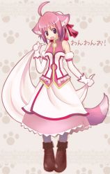 Rule 34 | 10s, 1girl, ahoge, animal ears, bad id, bad pixiv id, bare shoulders, boots, dog days, dog ears, dog girl, dog tail, dress, fang, female focus, full body, gloves, highres, millhiore f. biscotti, pantyhose, pink hair, purple eyes, short hair, solo, tail, uniko (pixiv4423), white gloves