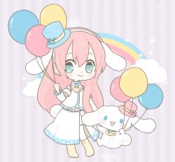 Rule 34 | 1girl, alternate color, aqua eyes, arm warmers, armband, balloon, beamed eighth notes, blush stickers, boots, chibi, cloud, commentary, eighth note, gold footwear, hat, headphones, holding, holding balloon, knee boots, long hair, looking at viewer, megurine luka, mini hat, mini top hat, musical note, najo, pastel colors, pink hair, rabbit, rainbow, shirt, short sleeves, side slit, single arm warmer, skirt, smile, star (sky), striped, striped background, thighhighs, top hat, vocaloid, white shirt, white skirt, white thighhighs