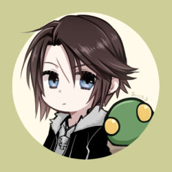 Rule 34 | 1boy, black jacket, blue eyes, brown hair, chibi, circle, commentary request, expressionless, final fantasy, final fantasy viii, fur-trimmed jacket, fur trim, hiryuu (kana h), jacket, jewelry, lowres, male focus, necklace, open clothes, open jacket, scar, scar on face, shirt, short hair, signature, simple background, squall leonhart, tonberry, white shirt, yellow background