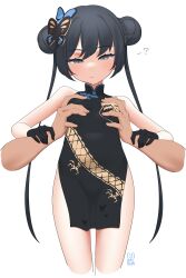 Rule 34 | 1girl, ?, absurdres, bare shoulders, black gloves, black hair, blue archive, blush, breasts, china dress, chinese clothes, covered navel, disembodied hand, double bun, dragon print, dress, gloves, grey eyes, groping, hair bun, hair ornament, highres, kijikoru, kisaki (blue archive), simple background, sleeveless, sleeveless dress, small breasts, solo, twintails, white background