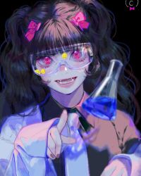 Rule 34 | 1girl, black hair, bottle, bow, bow hairband, bowtie, brown nails, conyang 316, fangs, glass, glasses, hairband, highres, liquid, open mouth, original, pink eyes, shirt, solo, twintails, wavy hair, white shirt