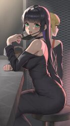 Rule 34 | 2girls, anteiru, arm rest, black choker, black dress, black hair, blonde hair, blunt bangs, bocchi the rock!, breasts, chain-link fence, choker, counter, dress, fence, from side, goth fashion, green eyes, highres, ijichi seika, long hair, long sleeves, looking at viewer, looking to the side, mask, mask pull, medium breasts, mouth mask, multiple girls, pa-san, piercing, pulled by self, sitting, solo focus, stool, straight hair, taut clothes, taut dress, tongue piercing