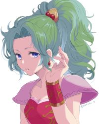 Rule 34 | 1girl, armor, blue eyes, bracer, breasts, cleavage, dress, earrings, final fantasy, final fantasy vi, green hair, hair ornament, hand to head, highres, jewelry, long hair, medium breasts, parted bangs, parted lips, pink dress, ponytail, sanroku 3, shoulder armor, solo, tina branford, upper body, wavy hair, white background