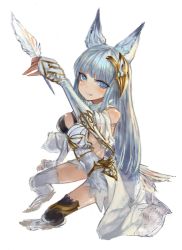 Rule 34 | 10s, 1girl, animal ears, asymmetrical clothes, asymmetrical legwear, black thighhighs, blue eyes, blunt bangs, blush, breasts, cat ears, dress, elbow gloves, erune, feathers, from above, gloves, granblue fantasy, grin, hair ornament, holding, jewelry, korwa, long hair, purupuru, quill, showgirl skirt, silver hair, simple background, sitting, sketch, skindentation, smile, solo, thighhighs, uneven legwear, white background, white gloves, white thighhighs