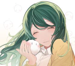 Rule 34 | 1girl, blush, closed eyes, cloud, e9bo pdf, facing viewer, green hair, hand up, highres, indie virtual youtuber, long hair, long sleeves, shirt, smile, solo, sumi suya, sweater, upper body, virtual youtuber, white background, white shirt, yellow sweater