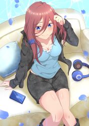 Rule 34 | 1girl, absurdres, adjusting hair, black jacket, black shorts, blue eyes, blue shirt, breasts, brown hair, cleavage, closed mouth, commentary request, couch, falling petals, from above, go-toubun no hanayome, hair between eyes, headphones, highres, jacket, large breasts, long hair, long hair between eyes, long sleeves, looking at viewer, looking up, nakano miku, on couch, open clothes, open jacket, petals, phone, railtracer8888, shirt, short shorts, shorts, sitting, smile, solo, white shirt