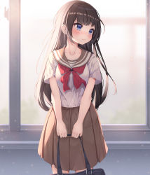 Rule 34 | 1girl, absurdres, bag, black hair, blue eyes, blurry, blurry background, blush, brown sailor collar, brown skirt, closed mouth, commentary, cowboy shot, highres, holding, holding bag, keis (locrian1357), long hair, looking to the side, original, pleated skirt, red neckwear, sailor collar, school bag, school uniform, serafuku, shirt, short sleeves, sidelocks, skirt, solo, standing, white shirt, window