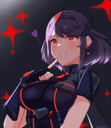 Rule 34 | 1girl, absurdres, alternate color, armor, black armor, black gloves, breastplate, breasts, drop earrings, earrings, finger to own chin, fingerless gloves, gloves, heart, highres, jewelry, large breasts, parted lips, purple hair, pyra (xenoblade), reason3 s, red eyes, short hair, short sleeves, simple background, smile, solo, swept bangs, upper body, xenoblade chronicles (series), xenoblade chronicles 2