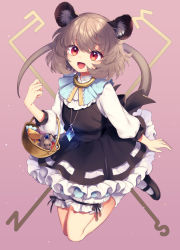 Rule 34 | 1girl, :d, animal ears, apple, basket, bloomers, blue capelet, blush, capelet, cheese, commentary request, dowsing rod, food, frills, fruit, gold trim, grey hair, jewelry, long sleeves, looking at viewer, mouse (animal), mouse ears, mouse girl, mouse tail, nazrin, open mouth, pantylines, pendant, puffy sleeves, purple background, red eyes, short hair, simple background, smile, solo, tail, tomobe kinuko, touhou, underwear
