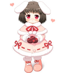 Rule 34 | 1girl, alternate costume, animal ears, bebeneko, black hair, blush, boots, box, carrot necklace, coat, gift, gift box, giving, heart, inaba tewi, jewelry, mittens, necklace, pendant, pink footwear, rabbit ears, red eyes, short hair, solo, touhou, winter clothes