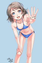 Rule 34 | 10s, 1girl, 2016, :d, absurdres, arm support, bikini, blue background, blue bikini, blue eyes, blush, breasts, brown hair, cleavage, collarbone, covered erect nipples, dated, english text, hand on own knee, happy, highres, kntrs (knyrs), leaning forward, looking at viewer, love live!, love live! sunshine!!, medium breasts, navel, open mouth, outstretched arm, see-through, shiny skin, short hair, side-tie bikini bottom, signature, simple background, smile, solo, standing, swimsuit, teeth, watanabe you