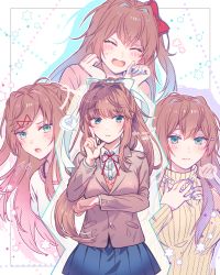 Rule 34 | 1girl, aicedrop, alternate costume, alternate hairstyle, angry, blue nails, blue skirt, blush, border, bow, breasts, brown hair, brown vest, buttons, chestnut mouth, closed eyes, closed mouth, commentary request, doki doki literature club, dress, embarrassed, green eyes, green nails, hair bow, hair ornament, hairclip, hands on own cheeks, hands on own face, large breasts, long sleeves, monika (doki doki literature club), multiple views, nail polish, necktie, open mouth, pink shirt, pleated skirt, purple nails, red bow, red neckwear, ribbed sweater, shirt, signature, simple background, skirt, smile, spoken blush, spoken lightning bolt, star (symbol), sweater, thinking, upper body, vest, white background, white bow, white dress, white shirt, yellow sweater