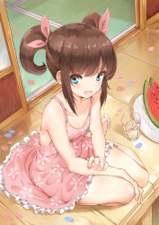 Rule 34 | 1girl, :d, bad id, bad pixiv id, bare shoulders, barefoot, blue eyes, blush, brown hair, child, collarbone, cup, dress, drinking glass, food, frilled dress, frills, fruit, hair ribbon, highres, ice, ice cube, kinhasu, looking at viewer, medium hair, open mouth, original, petals, pink dress, pink ribbon, plate, porch, ribbon, short twintails, sitting, smile, solo, summer, sundress, twintails, watermelon