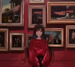 Rule 34 | 1girl, art gallery, black hair, drawing (object), expressionless, highres, indoors, long hair, looking at viewer, original, oversized clothes, own hands together, picture frame, red eyes, red sweater, solo, standing, sweater, takagaki eru, upper body