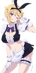 Rule 34 | 1girl, ;q, ahoge, alternate costume, apron, blonde hair, blush, breasts, cleavage, crop top, enmaided, frilled straps, gloves, groin, hand on own thigh, heart, highres, ibuki tsubasa, idolmaster, idolmaster million live!, large breasts, looking at viewer, maid, miniskirt, navel, one eye closed, oomura karasu, purple eyes, rabbit tail, redrawn, skirt, solo, tail, thigh strap, tongue, tongue out, two-tone shirt, w, white apron, white gloves