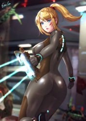 Rule 34 | 1girl, ass, black bodysuit, blonde hair, blood, blood on face, blue eyes, bodysuit, boots, breasts, crossover, dead space, esther shen, from behind, high heel boots, high heels, large breasts, leg up, looking at viewer, metroid, nintendo, plasma cutter, ponytail, samus aran, signature, simple background, skin tight, solo, wrist cuffs