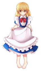 Rule 34 | 1980s (style), bad id, bad twitter id, barefoot, blonde hair, blue dress, blush, bow, bowtie, closed mouth, clothes lift, collared dress, dress, dress lift, embarrassed, highres, kana anaberal, medium hair, no headwear, oldschool, red bow, red bowtie, retro artstyle, skirt hold, standing, takemoto izumi (style), touhou, touhou (pc-98), yatyou, yellow eyes