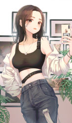 Rule 34 | 1girl, absurdres, bare shoulders, bbeedol, bead bracelet, beads, belt, black hair, black pants, black shirt, bracelet, breasts, brown eyes, cat, cellphone, collarbone, cowboy shot, crop top, earrings, forehead, highres, holding, holding phone, jewelry, leaf, long hair, long sleeves, looking at viewer, medium breasts, midriff, nail polish, necklace, off shoulder, open clothes, open shirt, original, pants, parted lips, phone, photo (object), picture frame, purple nails, shirt, sidelocks, sleeveless, sleeveless shirt, smartphone, solo, standing, tank top, white shirt