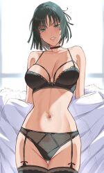 Rule 34 | 1girl, absurdres, bare shoulders, black bra, black choker, black panties, black thighhighs, blunt bangs, blunt ends, bra, breasts, choker, coat, collarbone, commentary, cowboy shot, fubuki (one-punch man), fur-trimmed coat, fur trim, gluteal fold, green eyes, green hair, grin, highres, large breasts, light blush, looking at viewer, micchan (micchanmeido), navel, one-punch man, open clothes, open coat, panties, romaji commentary, short hair, smile, solo, thigh gap, thighhighs, underwear, underwear only, v-shaped eyebrows, white coat