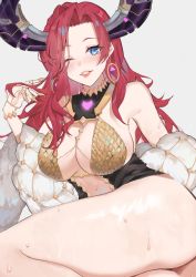 Rule 34 | 1girl, absurdres, bare shoulders, belt, black dress, blue eyes, breasts, claw ring, dragon queen hane, dress, earrings, fang qiao, feather boa, feet out of frame, from below, gold trim, hand chains, highres, horns, indie virtual youtuber, jewelry, large breasts, long hair, looking at viewer, mechanical horns, mechanical tail, plunging neckline, red hair, red lips, side slit, simple background, sleeveless, sleeveless dress, solo, tail, underwear, virtual youtuber
